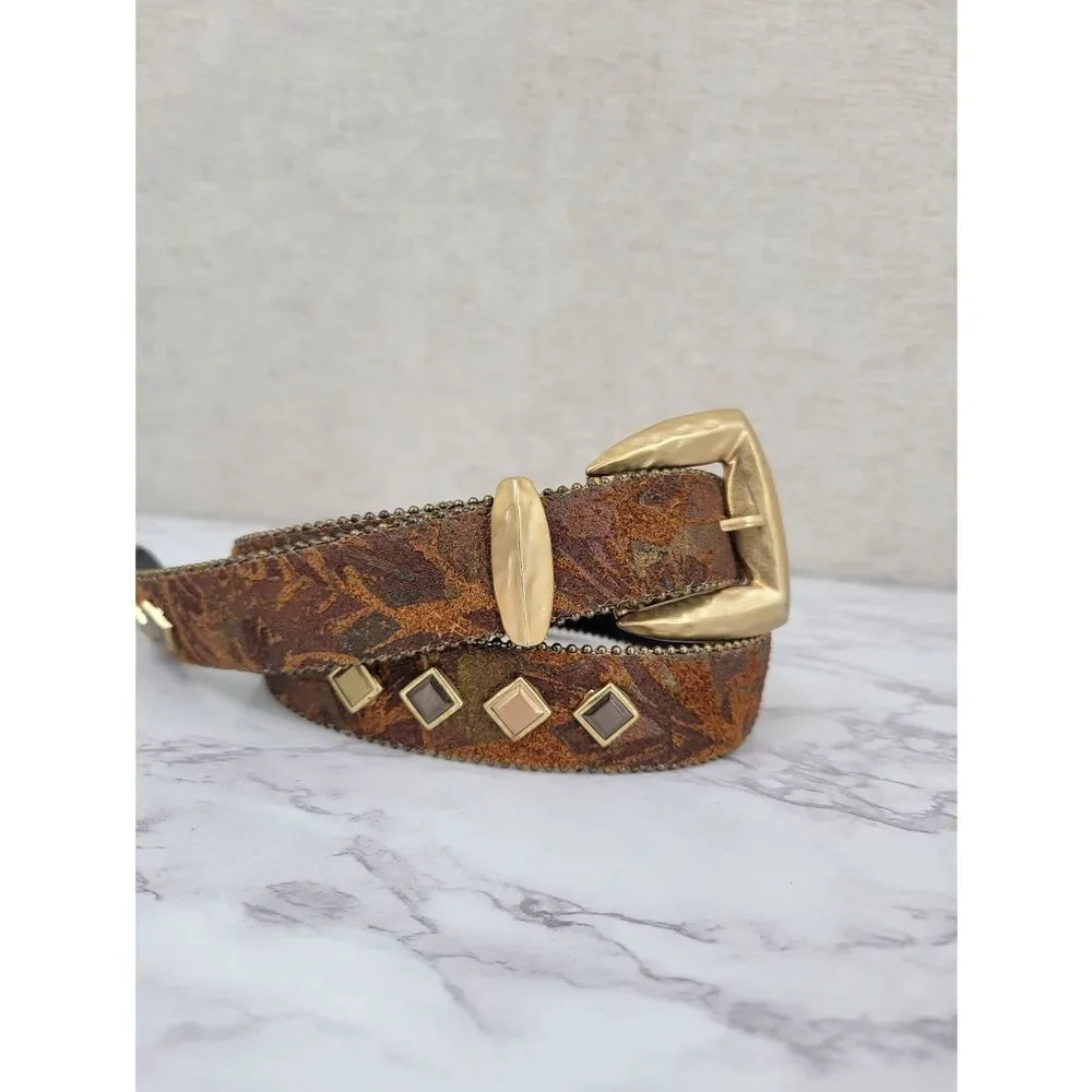 Century Canada Studded Brown Suede Leather Belt with Gold Buckle